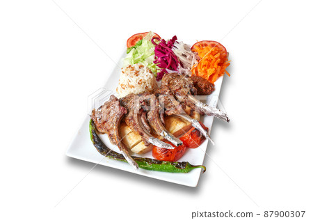 Lamb chop and vegetables Isolated on white 87900307