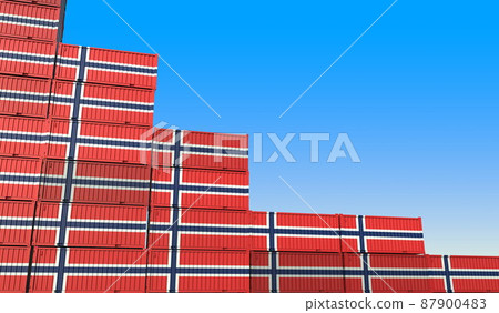 Containers with flag of Norway represent declining trend. Economic or export crisis concept. 3D rendering Containers with flag of Norway represent declining trend. Economic or export crisis concept. 3D rendering 87900483