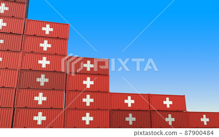 Flag of Switzerland on containers forming declining trend of graph. National crisis or meltdown related conceptual 3D rendering Flag of Switzerland on containers forming declining trend of graph. National crisis or meltdown related conceptual 3D rendering 87900484