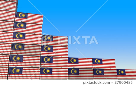Containers with flag of Malaysia represent declining trend. Economic or export crisis concept. 3D rendering Containers with flag of Malaysia represent declining trend. Economic or export crisis concept. 3D rendering 87900485