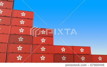 Containers with flag of Hong Kong represent declining trend. Economic or export crisis concept. 3D rendering Containers with flag of Hong Kong represent declining trend. Economic or export crisis concept. 3D rendering 87900486