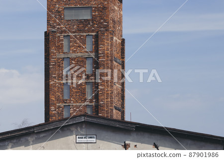 Red Tower of Death, UNESCO site with inscription in Czech language "Ruda vez smrti" a national monument in Dolni Zdar near Ostrov, Western Bohemia, Czech Republic 87901986