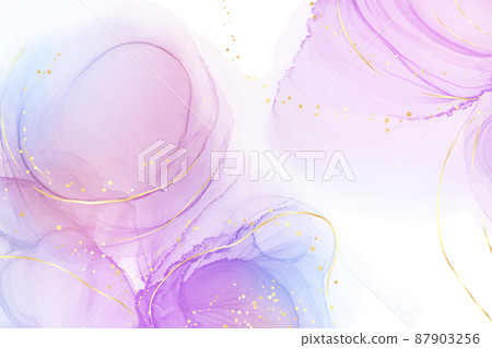 Violet lavender liquid watercolor marble background with golden lines. Pastel purple periwinkle alcohol ink drawing effect. Vector illustration design template for wedding invitation, menu, rsvp Violet lavender liquid watercolor marble background with golden lines. Pastel purple periwinkle alcohol ink drawing effect. Vector illustration design template for wedding invitation, menu, rsvp 87903256