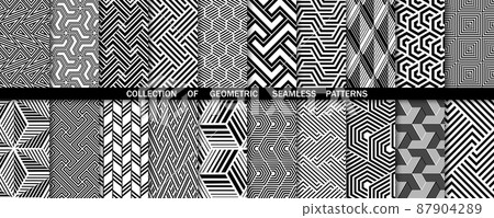 Geometric set of seamless black and white patterns. Simple vector graphics Geometric set of seamless black and white patterns. Simple vector graphics 87904289