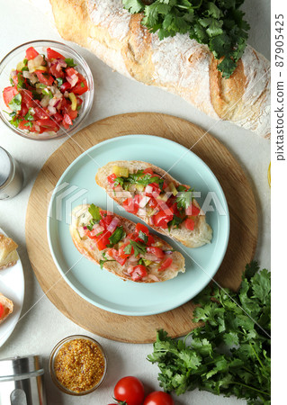 Concept of tasty food with bruschetta snacks 87905425