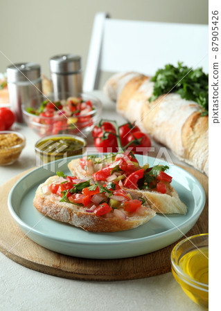 Concept of tasty food with bruschetta snacks Concept of tasty food with bruschetta snacks 87905426