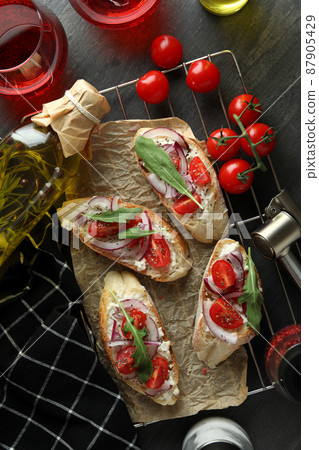 Concept of tasty food with bruschetta snacks 87905429