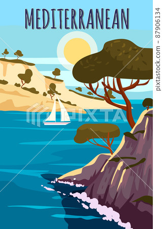 Mediterranean Poster, landscape sea vacation Europe. Mountaines, trees, harbor, sailboat, sunset. Travel holiday summer voyage. Vintage style vector illustration Mediterranean Poster, landscape sea vacation Europe. Mountaines, trees, harbor, sailboat, sunset. Travel holiday summer voyage. Vintage style vector illustration 87906134