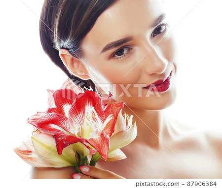 young pretty brunette real woman with red flower amaryllis isolated on white background young pretty brunette real woman with red flower amaryllis isolated on white background 87906384