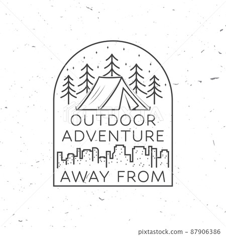 Away from the city. Outdoor adventure. Vector. Concept for shirt or logo, print, stamp or tee. Vintage line art design camper tent in the forest and city landscape . Away from the city. Outdoor adventure. Vector. Concept for shirt or logo, print, stamp or tee. Vintage line art design camper tent in the forest and city landscape . 87906386
