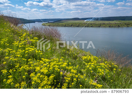 Amazing spring view on the Dnister River Canyon, Bakota Bay, Chernivtsi region, Ukraine. 87906793