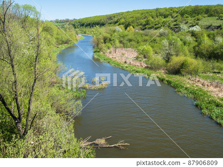 Amazing spring view on the Zbruch River, Ternopil and Khmelnytsky regions border, Ukraine. Amazing spring view on the Zbruch River, Ternopil and Khmelnytsky regions border, Ukraine. 87906809