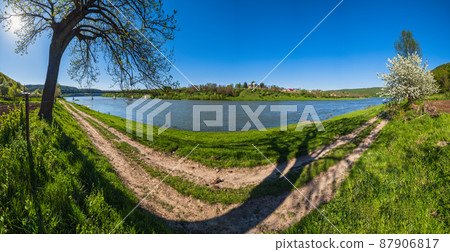 Amazing spring view on the Dnister River Canyon. View from Nezvysko village blossoming river coast,.Ivano-Frankivsk region, Ukraine Amazing spring view on the Dnister River Canyon. View from Nezvysko village blossoming river coast,.Ivano-Frankivsk region, Ukraine 87906817