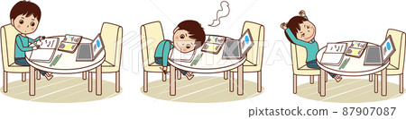 一個年輕人在桌子上學習的插圖。 一個年輕人在桌子上學習的插圖。 87907087