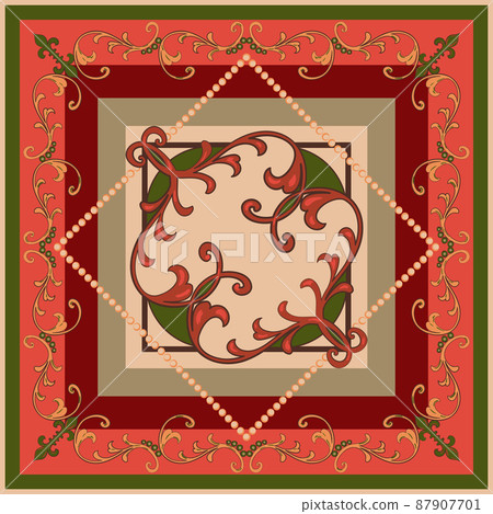 Silk scarf or kerchief Rococo style vector frame design. Floral vintage shawl background Silk scarf or kerchief Rococo style vector frame design. Floral vintage shawl background 87907701
