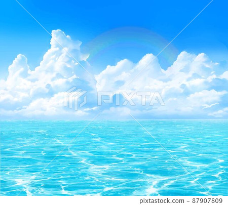 A beautiful frame illustration material of the summer image of the blue sky of cumulonimbus with a slight rainbow and the shimmering waves of the sea 87907809