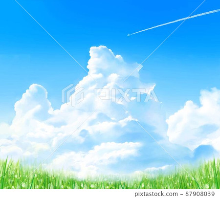 初夏框架背景材料的新鮮綠色美麗的幼葉,其中凝結尾跡在藍天中與積雨雲一起飛翔 初夏框架背景材料的新鮮綠色美麗的幼葉,其中凝結尾跡在藍天中與積雨雲一起飛翔 87908039
