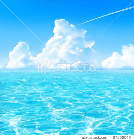 美麗的框架插圖材料的夏季圖像的凝結尾跡在積雨雲的藍天和波光粼粼的海浪中飛行 87908040