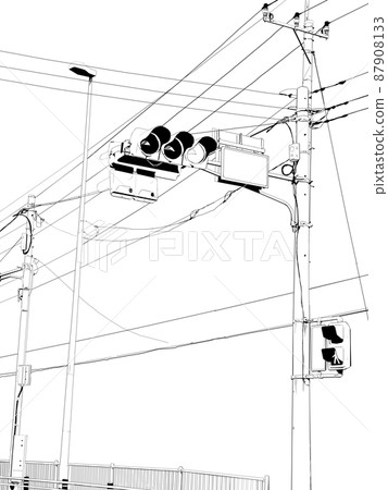 帶交通燈和電線桿的景觀圖線圖 帶交通燈和電線桿的景觀圖線圖 87908133