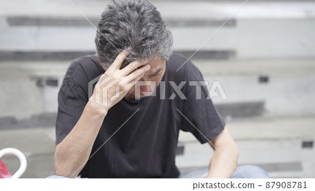 Tired homeless sit down Tired homeless sit down 87908781