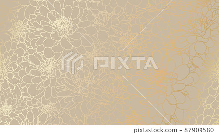 Digital vector illustration - golden chrysanthemum flowers in hand drawn line art on beige background. Luxurious art deco wallpaper design for print, poster, cover, banner, fabric, invitation. 87909580