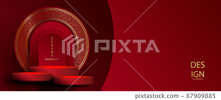 Red texture illustration with a stage and a frame with a gold color pattern 87909885
