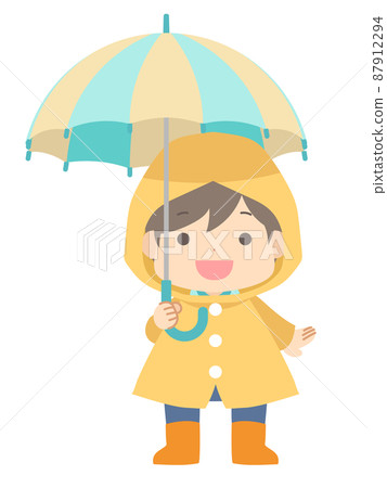 Boy wearing a raincoat and holding an umbrella Boy wearing a raincoat and holding an umbrella 87912294