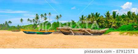Old fishing boats on a sandy beach against the backdrop of palm trees and the sky. Wide photo. 87912571