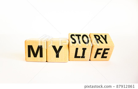 Story of my life symbol. Turned wooden cubes and changed concept words My story to My life. Beautiful white table white background. Business story of my life concept. Copy space. Story of my life symbol. Turned wooden cubes and changed concept words My story to My life. Beautiful white table white background. Business story of my life concept. Copy space. 87912861