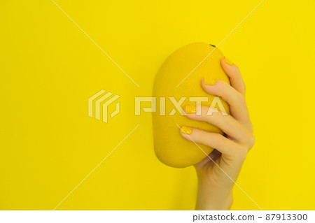 Hand with a yellow manicure holding a yellow ripe mango on a yellow background 87913300
