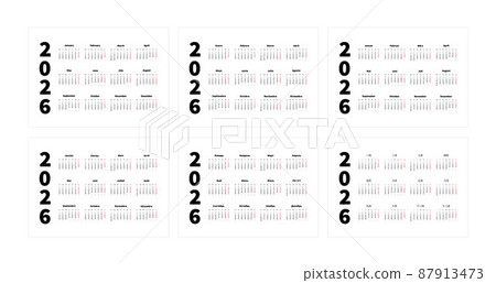 Set of 2026 year simple horizontal a4 size calendars in english, spanish, russian, french, chinese and german languages, typographic calendar isolated on white 87913473