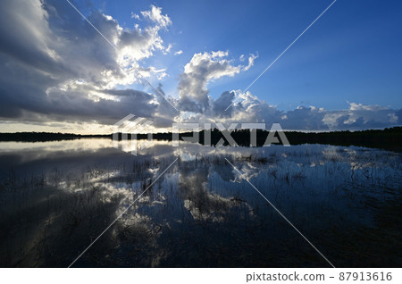 Colorful sunrise cloudscape reflected in calm pond in Everglades National Park. 87913616