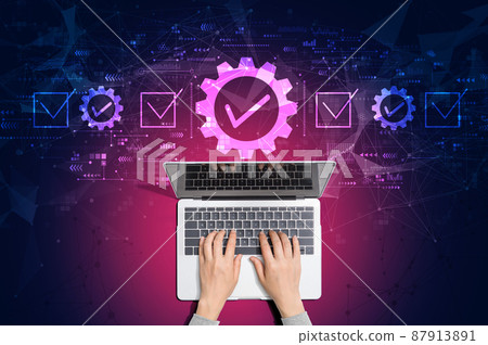Quality control approval with person using laptop 87913891