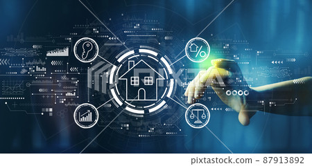 Real estate theme with hand pressing a technology screen 87913892