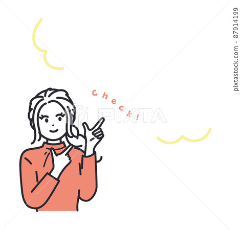 一個年輕女子用雙手指著她的手指的圖像插圖 87914199