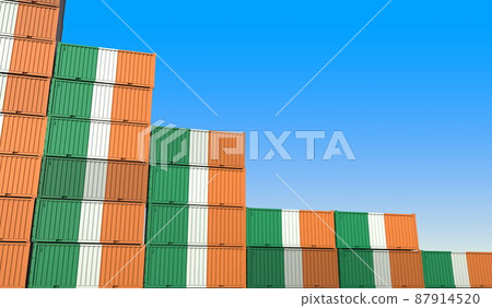 Containers with flag of Ireland represent declining trend. Economic or export crisis concept. 3D rendering 87914520
