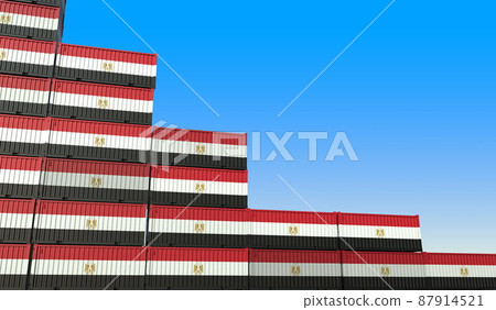 Many containers with flag of Egypt represent decreasing trend. Economic or industrial crisis concept. 3D rendering 87914521