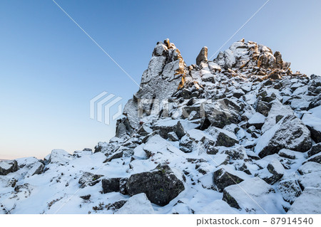 Winter mountain landscape. View of the snow-capped rocks. 87914540