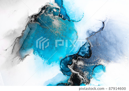 Blue silver abstract background of marble liquid ink art painting on paper . 87914600