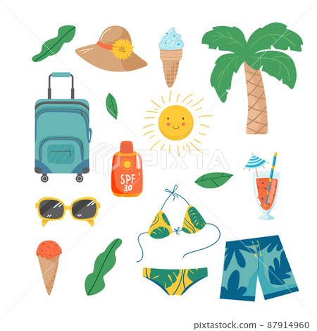 Set of cute summer icons: food, drinks, palm leaves, flip flops, life buoy sun, glasses, cactus, cocktail, hat, ice cream, bikini, swimmer, swimming trunks, bike, suitcase, sunscreen, watermelon, cake 87914960