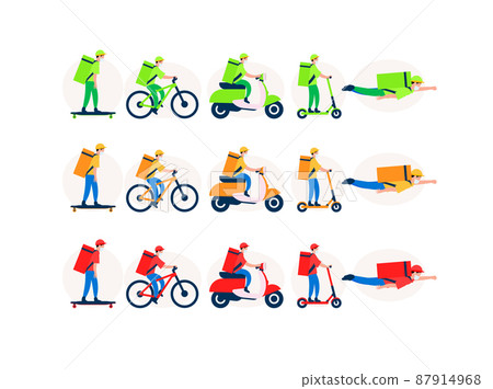 Set of delivery men on transport with a backpack for food, yellow delivery service, colors flag of Ukraine, vector illustration 87914968