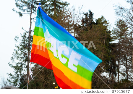 Peace flag at protest against Ukraine invasion, Milan 87915677