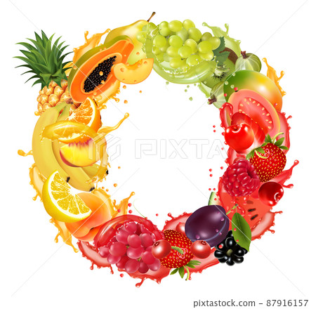 Fruit and berries in juice splash frame. Strawberry, raspberry, blueberry, blackberry, orange, guava, watermelon, pineapple, mango, peach, apple, kiwi, banana. Vector. Fruit and berries in juice splash frame. Strawberry, raspberry, blueberry, blackberry, orange, guava, watermelon, pineapple, mango, peach, apple, kiwi, banana. Vector. 87916157