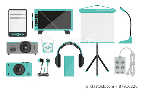 Smart gadget broadcast image music text flat set. Ebook camera headphone mp3 graphic tablet projector screen extension cord outlet microphone. Concept small modern appliances handheld isolated 87916220
