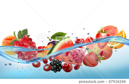 Fresh watermelon and different berries and fruit in transparent water. Vector illustration Fresh watermelon and different berries and fruit in transparent water. Vector illustration 87916266