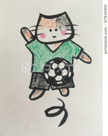 Calico cat playing soccer Calico cat playing soccer 87916405