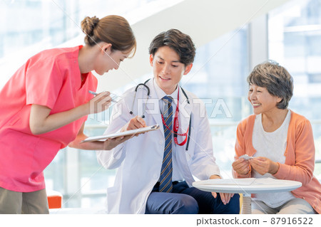 年輕男醫生為老年婦女講解藥物和年輕女護士合影合作《LINK FOREST》 87916522