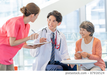 A young male doctor explaining medicines to senior women and a young female nurse Photographing cooperation "LINK FOREST" 87916524