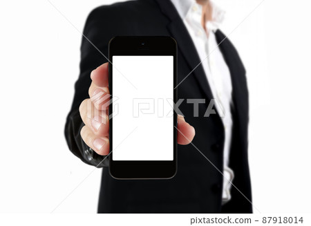 businessman in black suit showing blank screen smartphone businessman in black suit showing blank screen smartphone 87918014