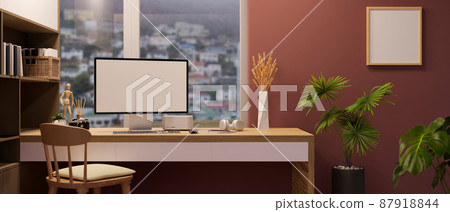 Stylish female home workplace interior with modern and cozy computer desk Stylish female home workplace interior with modern and cozy computer desk 87918844